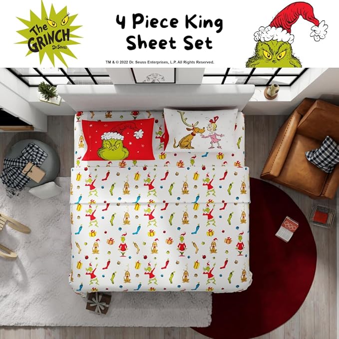 Franco Collectibles Dr. Seuss The Grinch Holiday & Christmas Bedding Super Soft Microfiber 4 Piece King Sheet Set, (Officially Licensed Product)