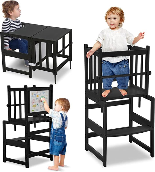 COSYLAND 3-in-1 Multifunctional Toddler Standing Tower, Kids Kitchen Step Stool with Whiteboard, Desk Table and Chair, Enjoys Unique Patented Design,FSC,CPC,SOR,CE, Black
