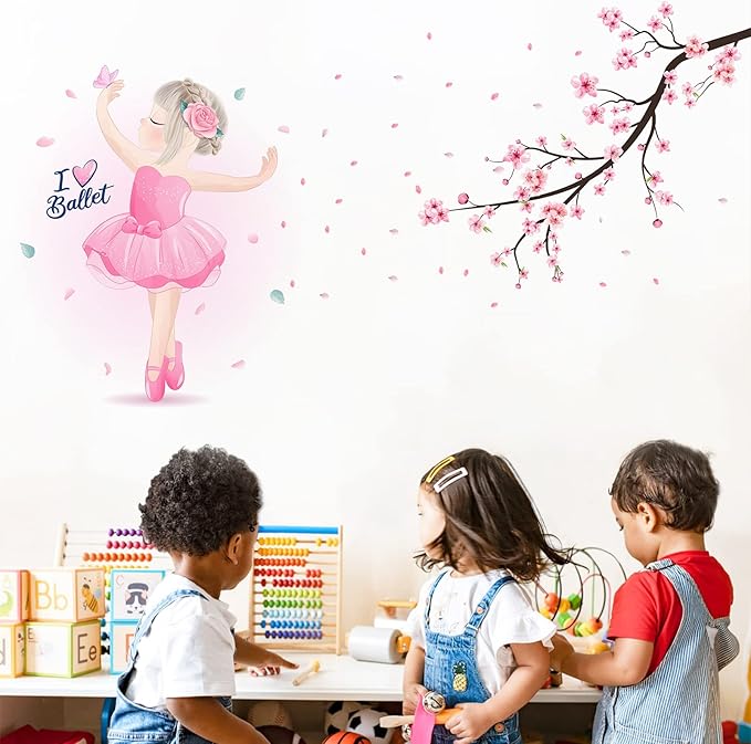 Pink Cherry Blossom Wall Decals, Dancing Ballet Girl Wall Stickers, Flower and Tree Branch Wall Decor, Removable Vinyl Wall Decor Mural Art for Baby Nursery Bedroom & Living Room Sofa TV Backdrop Decoration