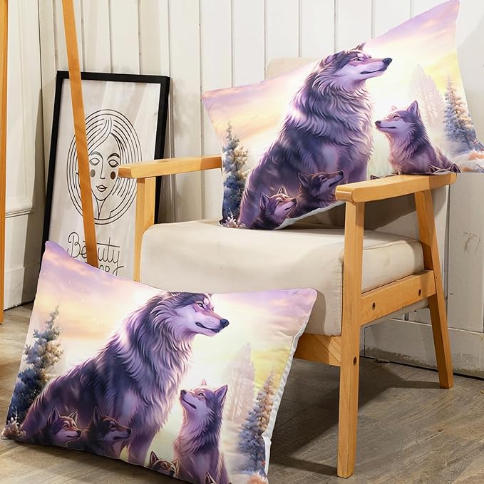 AILONEN Wolf Fitted Sheet Set Twin XL Snow Wolf Bed Sheet Set, Wolfmother and Wolf Pups Theme Bedding Set 3 Pieces Wildlife Wolf Sheet Set for Boys Girls,1 Fitted Sheet with 2 Pillowcases