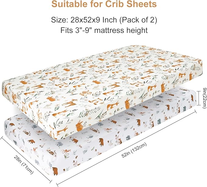 PHF Soft Crib Sheet Fitted, 2 Pack Baby Sheets for Boys Girls, 28x52x9in Fits Standard Crib and Toddler Mattresses, Silky Comfy Breathable Polyester Baby Mattress Sheets, Woodland