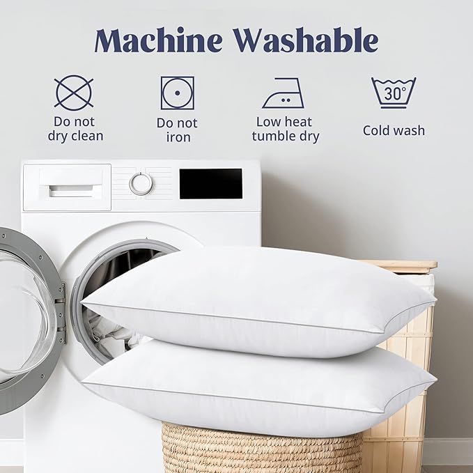 puredown® Goose Feathers Bed Pillows, 100% Cotton Cover, King Size Hotel Collection Pillows Set of 2 for Sleeping with Silver Piping, Feather and Polyester Filling