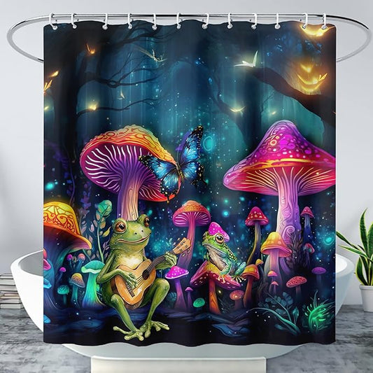 AILONEN Cartoon Frog Shower Curtain,Guitar Frog Fabric Shower Curtains for Bathroom,Magic Mushroom Weighted Polyester Cloth Bath Curtain Set,Mysterious Butterfly Bathroom Curtain,72" W*72" H