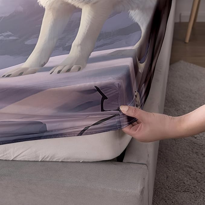AILONEN Snow Wolf Fitted Sheet Set Twin XL Size, Winter Sunset Wildlife Wolf Bed Sheet Set for Boys Girls Adults,Safari Wolves Print Fitted Sheet with 2 Pillowcases,3 Pieces