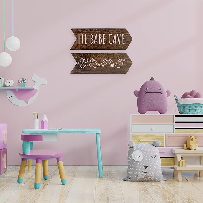 Lil Babe Cave Wall Sign - Little Babe Cave Decor for Playroom, Baby Girl Room Decor, Woodland Nursery Decor for Girls, Baby Girl Nursery Wall Decor, Toddler Girl Bedroom Decor, 14 * 10 inch