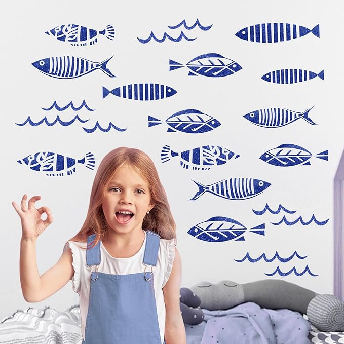 Mfault Under The Sea Blue Fish Wall Decals Stickers, Coastal Ocean Minimalist Nursery Decorations Kids Bedroom Art, Beach Nautical Neutral Toddlers Room Living Room Decor