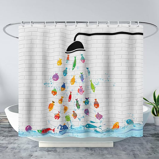 AILONEN Cute Fish Shower Curtain for Kids 60" W*72" H Inch,Raining Fish Playing Water Shower Curtains,12 Pack Hooks Polyester Waterproof Fabric Decor for Bathroom Bathtub Panels