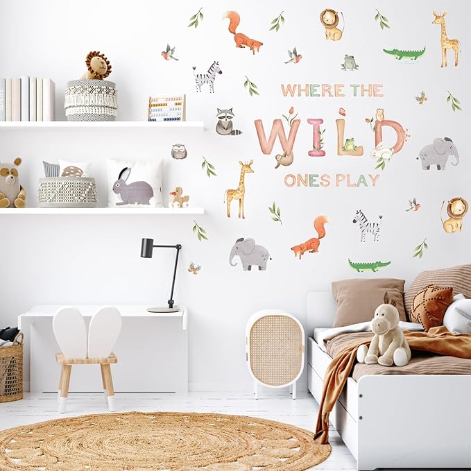 Safari Wall Decals for Kids Where The Wild Ones Play Peel and Stick Wallpaper 38pcs Giraffe Decor Zoo Animal Stickers Jungle Classroom Decal Fauna Forest Wall Murals for Classroom Playroom Nursery