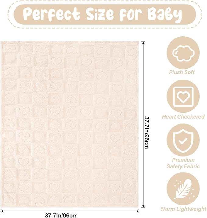 Plush Soft with Heart Checkered Baby Blanket,Fleece Infant Toddler Blankets for Girls Boys,Warm Lightweight Breathable Newborn Receiving Blankets for Crib Stroller 32"×37" (White, Heart)
