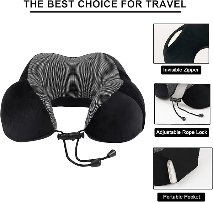 Pure Memory Foam Travel Pillow Set for Adults - Comfortable & Breathable Removable Cover, Airplane Travel Kit with Eye Mask & Portable Storage Bags for Plane Accessories - Black