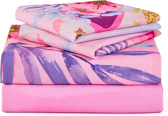 VIVILINEN Full Size Sheet Set 4 Piece Kid Sheets Set for Girls Pink Unicorn Full Bed Sheets Set for Teens Bedding Set Include Flat Sheet, Deep Pocket Fitted Sheet and Pillowcase