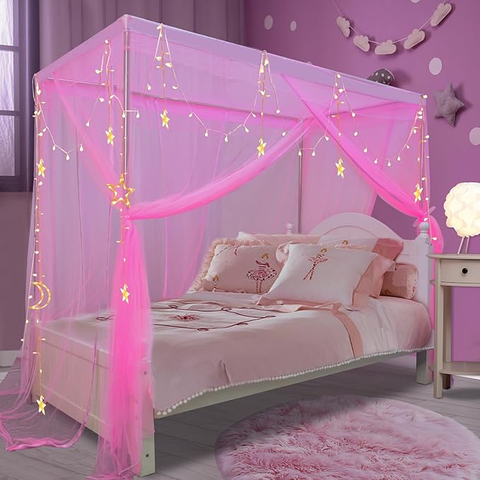 South to East Princess Canopy Bed Curtains for Girls Kids Bed Canopy for Girls 4 Post Bed Curtains Princess Bed Canopy for Girls Room Decor Twin Size Pink, 79" * 39" * 75"