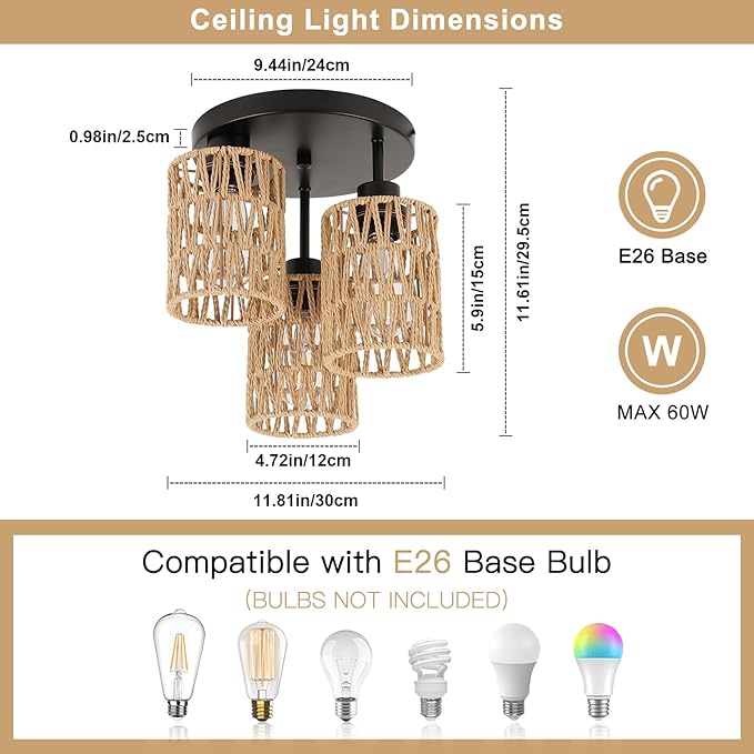 Boho Light Fixtures Ceiling Mount, 3-Light Boho Flush Mount Ceiling Light, Rattan Woven Chandelier Lighting for Farmhouse Bedroom Hallway Entryway Kitchen Nursery