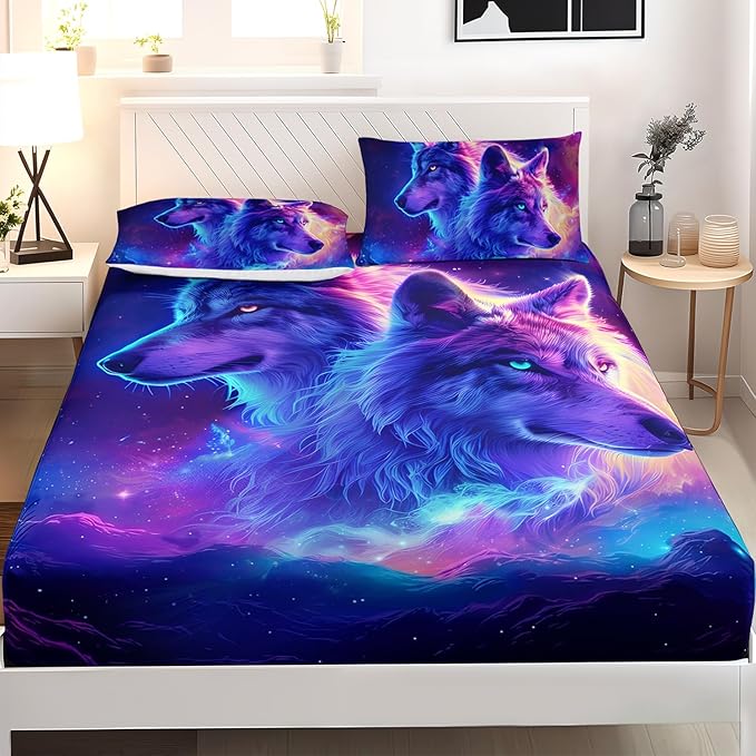 AILONEN Wolf Fitted Sheet Set Full Size for Boys,Purple Galaxy Wolf Bed Sheet Set for Kids Teen, 3 Pieces Safari Wolf Sheet Set,Starry Wolves Fitted Sheet with 2 Pillowcases