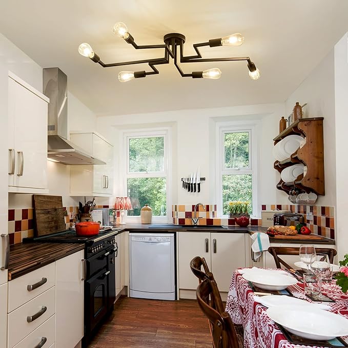 ZGLAOJT 6- Lights Ceiling Light Fixture,Vintage Semi Flush Mount Ceiling Light,Black Chandelier for Dining Room Living Room Kitchen Farmhouse.