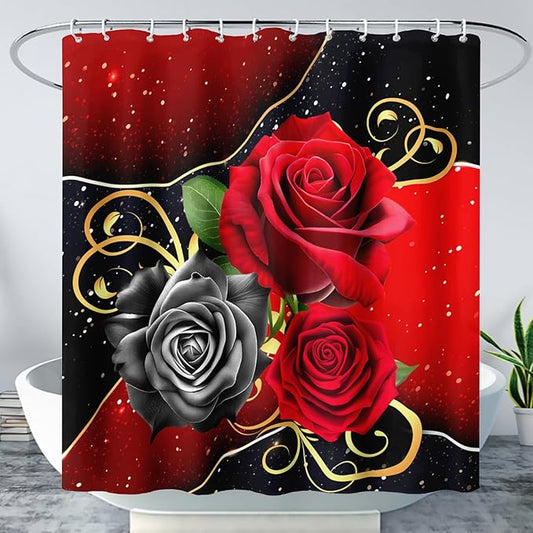 AILONEN Romantic Red Rose Flower Shower Curtain,Red and Black Floral Bath Curtain,Modern Flower Waterproof Curtain for Bathroom Decor, 36" W x 72" H