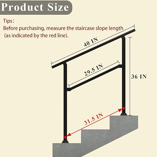 Hand Rails for Outdoor Steps, 40" x 36" Fits 2-3 Steps Stair Handrail, Black Metal Railings for Indoor Steps, Porch Railing, Deck Railing, Easy Install Stair Handrail(1 Pack) 