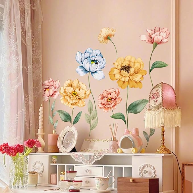 Vibrant Flower Wall Decals - Assorted Sizes & Colors - DIY Removable Wall Art for Home Decor - Easy Peel & Stick