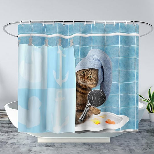 AILONEN Funny Cat Shower Curtain for Kids 72" W*78" H Inch,Cute Kitten Taking Shower Bathroom Curtain,12 Pack Hooks Polyester Waterproof Fabric Decor for Bathroom,Blue