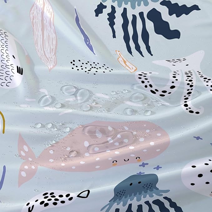 AILONEN Cartoon Ocean Life Shower Curtain for Kids 72" W*96" H Inch,Kawaii Fish Whales Octopuses Pattern Shower Curtain,Ocean Life Theme 12 Pack Hooks Polyester Waterproof Fabric Decor for Bathroom