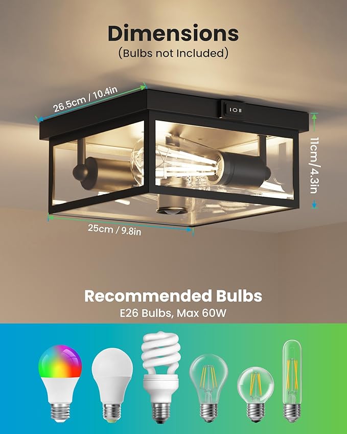 Outdoor Ceiling Light with Motion Sensor, Flush Mount Porch Ceiling Light, Exterior Ceiling Light Fixture with Clear Glass, Dusk to Dawn 2-Light Close to Ceiling Light Fixture for Patio,Porch,Garage