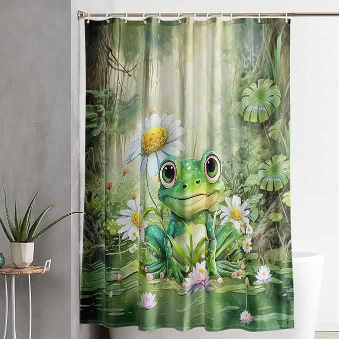 AILONEN Cartoon Frog Shower Curtain,Green Frog with Daisy Bath Curtain Set for Kids Boys Girls,Tropical Amphibian Waterproof Fabric Shower Curtain,Nature Shower Curtain for Bathroom,72" W*84" H