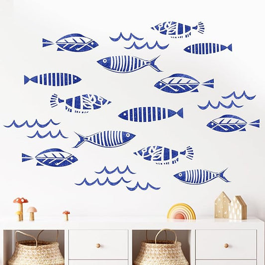 Mfault Under The Sea Blue Fish Wall Decals Stickers, Coastal Ocean Minimalist Nursery Decorations Kids Bedroom Art, Beach Nautical Neutral Toddlers Room Living Room Decor