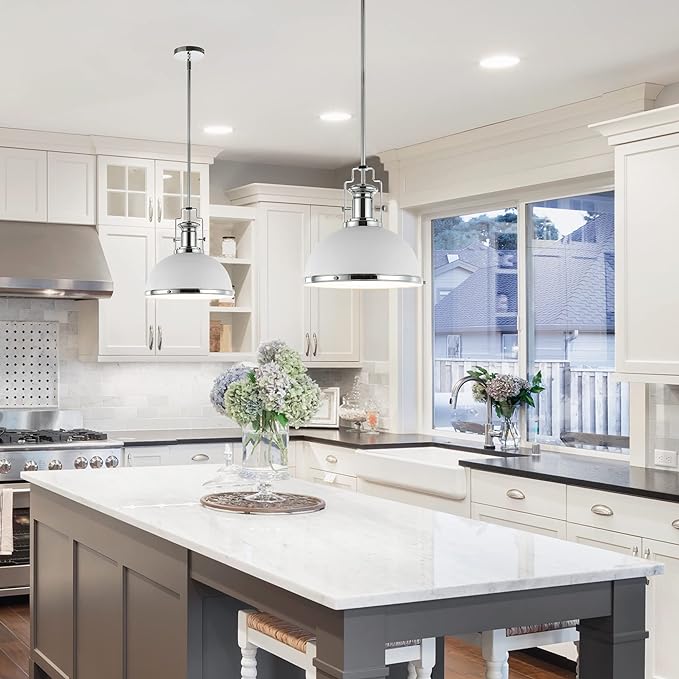 JONATHAN Y JYL9536C Homer 13" 1-Light Modern Industrial Iron LED Dome Pendant Classic, Cottage, Farmhouse Bedroom Living Room, Chrome/White