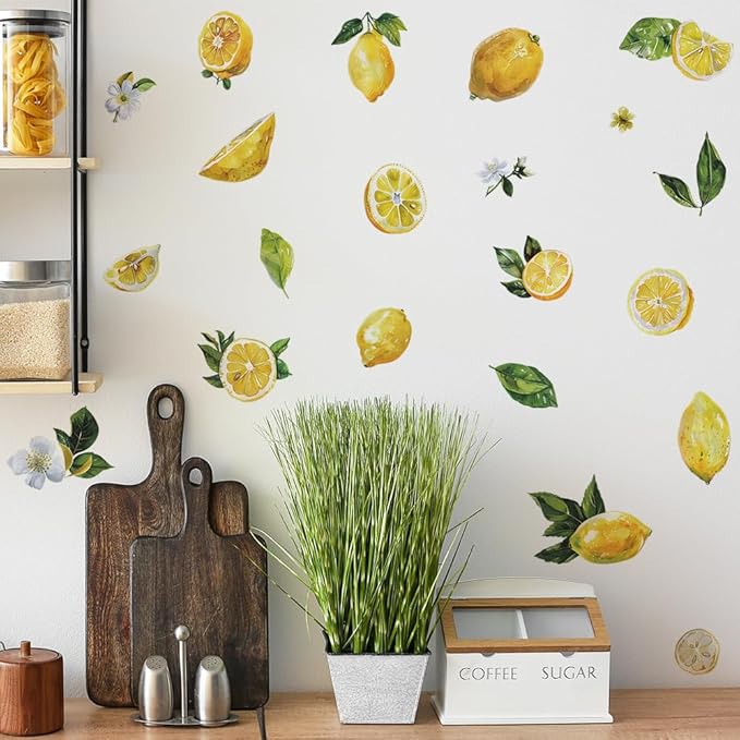 Lemon Wall Decals Fruit Lemon Wall Stickers Peel and Stick Wall Art Decals for Kitchen Cabinet Window Country Restaurant Dining Room Refrigerator Decor