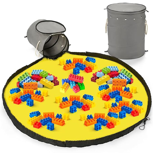 Toy Storage Basket and Play Mat for Kids - Foldable Toy Storage Organizer Bins with Lids - Kids Toy Box Chest for Building Blocks, Boys, Girls, Nursery, Playroom, 12.6''x12.6''x15.5''(Grey)