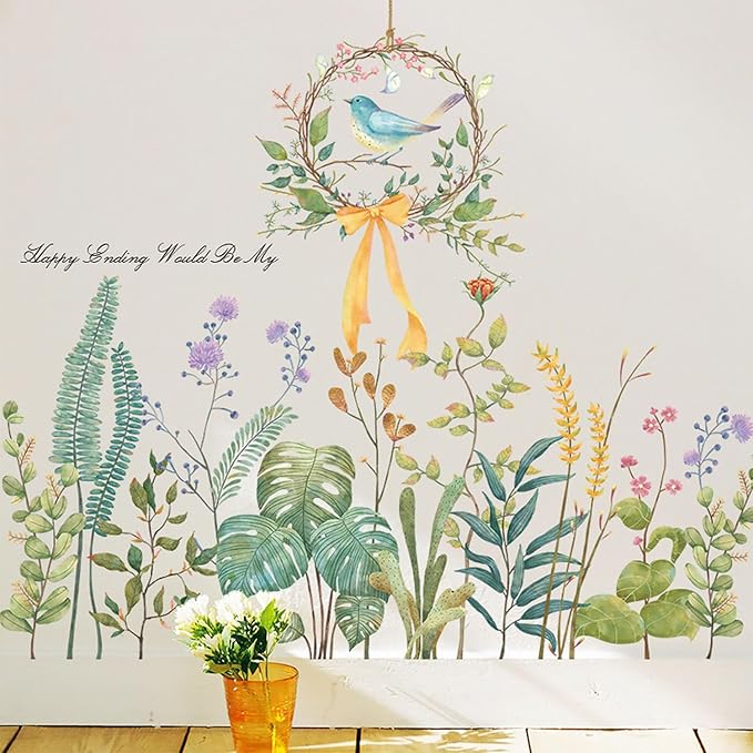 Tropical Green Plants Wall Decals Flowers Wall Corner Stickers Garden Floral Bird's nest Baseboard Skirting Line Wall Stickers for Baby Kids Girls Bedroom Living Room Corners Skirting Lines