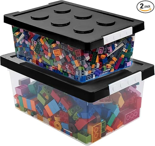 loobuu Plastic Storage Bins with Lids - Stackable Toy Storage Organizer Box Set of 2, Kids Toy Chests with Compatible Building Baseplate and Lid, Storage Container for Building Bricks & Toys- Black