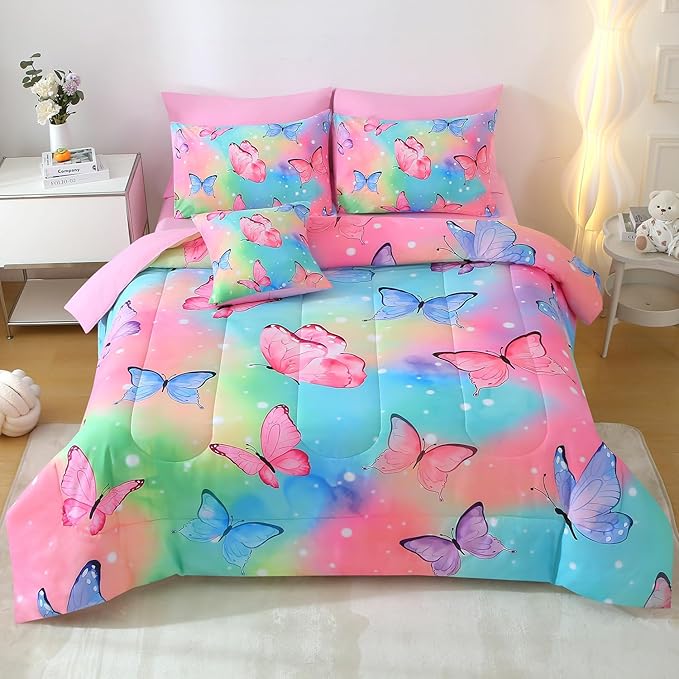JQinHome 8 Pc Butterfly Comforter Set Full, 3D Rainbow Butterfly Bedding Set for Girls Women,All Season Microfiber Butterfly Design Bedding Collection with Pillowcase, Flat & Fitted Sheet(Rainbow)