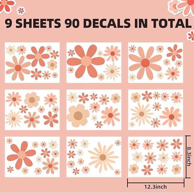 Daisy Wall Decals Flower Wall Stickers, Big Daisy Stickers Floral Decor Peel and Stick for Girls Kids Bedroom Nursery Playroom Living Room (Warm Color)