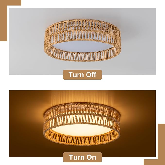 SineRise 12" Flush Mount Ceiling Light,25W LED Rattan Ceiling Light Fixture,Dimmable Handmade Boho Light Fixtures with Rattan,Farmhouse Lighting Fixtures Ceiling for Hallway Kitchen Bedroom(Gold)