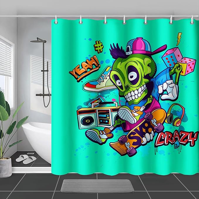 AILONEN Skate Skull Shower Curtain for Bathroom,Green Hip Hop Sport Skull Art Bathroom Curtain for Kids Girls Teen,Bath Curtain 48" W*72" H Polyester Waterproof Bathroom Curtain with 12 Hooks