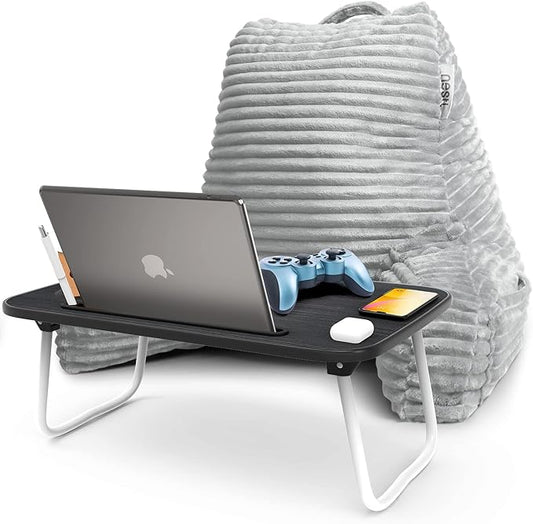 Nestl Reading Pillow with Portable Lap Desk Stand for Laptop 22x14”, Cut Plush Striped Back Pillow, Back Support Pillow, Shredded Memory Foam Bed Rest Pillow with Arms for Kids & Teen, Medium - Silver