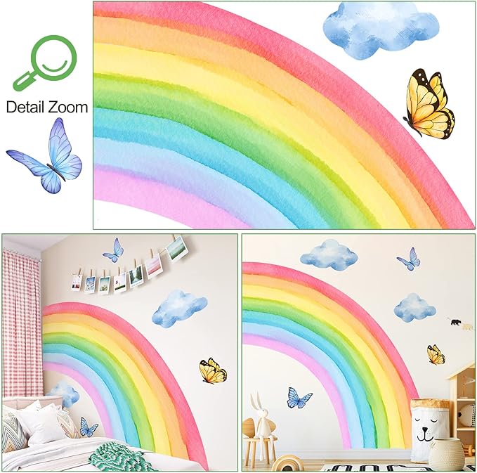 Removable 3D Large Colorful Boho Half Rainbow Wall Sticker Peel and Stick Self-Adhesive Colorful Pastel Rainbow with Cloud and Butterfly Wall Decals Wallpaper for Kids Girls Bedroom Nursery