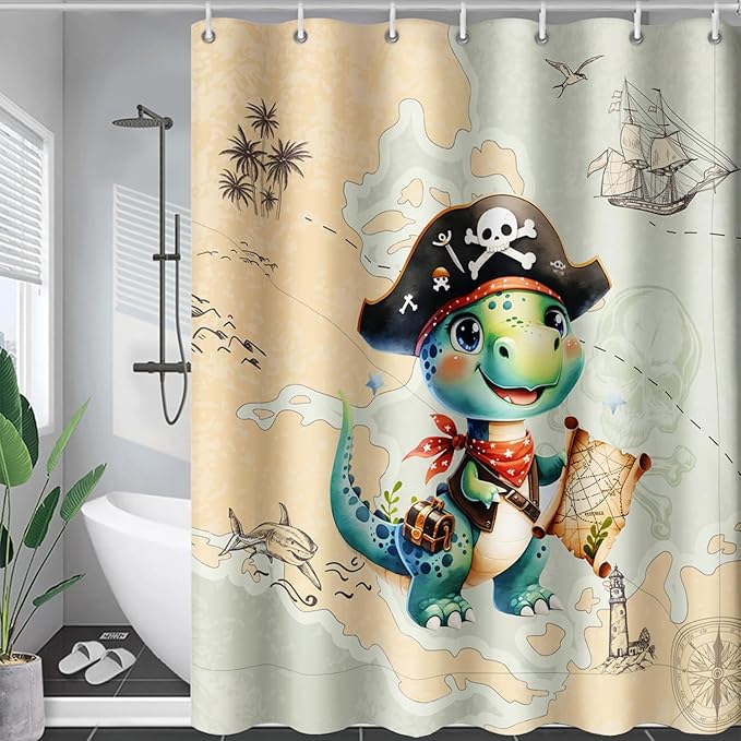 AILONEN Cute Dinosaur Shower Curtain,Ocean Map Nautical Pirate Dinosaur Bath Curtain,Boys Exploring Captain Dinosaur Decoration Kids Curtain with 12 Plastic Hooks,Waterproof 72" W*96" H