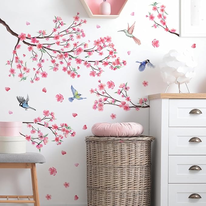 Peach Blossom Tree Branch Wall Decals Pink Flower Birds Wall Stickers Wall Art Decals for Bedroom Living Room TV Wall