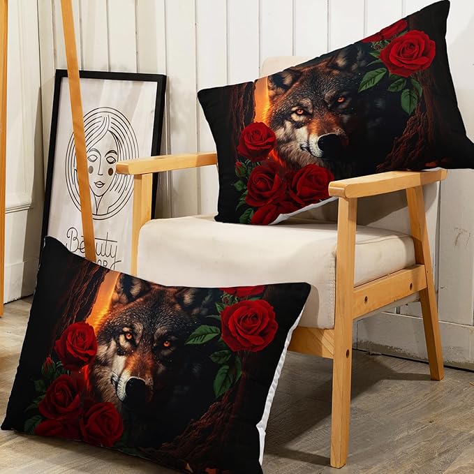 AILONEN Girls Wolf Fitted Sheet Set Twin Size, 3 Pieces Bedding Set Red Rose Wolf Sheet Set for Women Teen Kids,Wildlife Bed Sheet Set Wolf Fitted Sheet with 2 Pillowcases