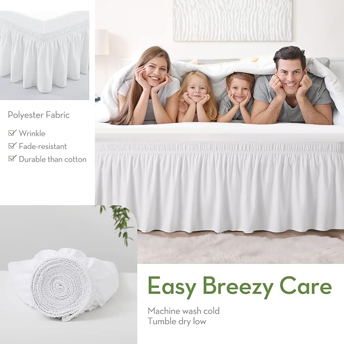 RIMELA Bed Skirt Wrap Around Elastic Dust Ruffles Solid Color Wrinkle and Fade Resistant with Adjustable Elastic Belt Easy to Install White for King & California King Size 18 Inch Drop