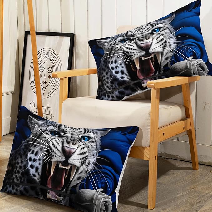 AILONEN Leopard Fitted Sheet Set Queen Size, Roaring Cheetah Print Bed Sheet Set,Blue Rose Bedding Grey Leopard Sheet Set,Wildlife Bed Sheet Set Animal Themed Fitted Sheet and 2 Pillowcases,3 Pieces