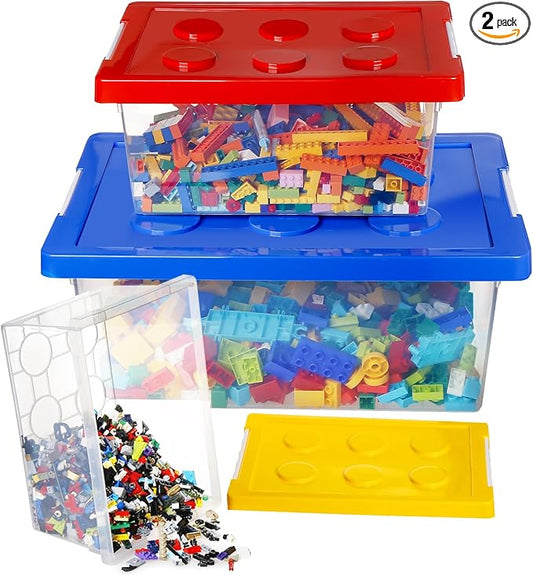 loobuu Plastic Storage Bins with Lids - Stackable Toy Storage Organizer Box Set of 3, Kids Toy Chests Container with Compatible Building Baseplate and Lid for Building Bricks - Yellow+Red+Blue