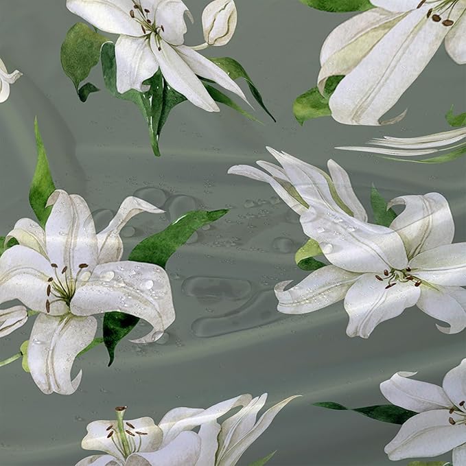 AILONEN Flower Shower Curtain, Vintage Garden Lilies Theme Waterproof Fabric Shower Curtain Set,Green Spring Flowers Bathroom Decor for Teen Girls Women,36" W*72" H