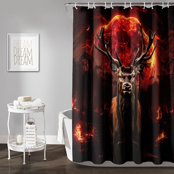 AILONEN Deer Hunting Shower Curtain for Boys,Moon Flame Fire Elk Bath Curtain for Bathroom,Print Polyester Waterproof with 12 Plastic Hooks 72" W*72" H