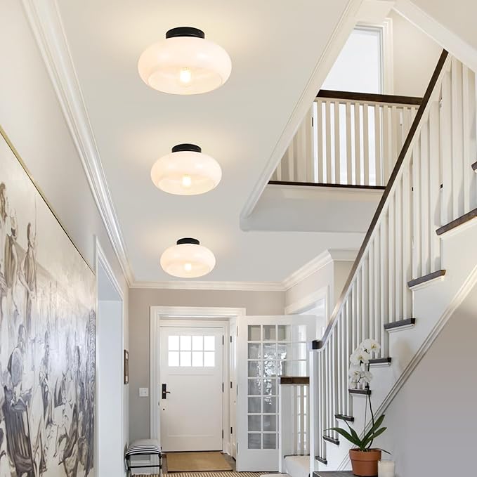 Mid-Century Modern Semi Flush Mount Ceiling Light, Metal Kitchen Light Fixture with Glass Shade,Vintage White and Black Colse to Ceiling Lamp for Entryway Hallway Bathroom (11.0 Inch)