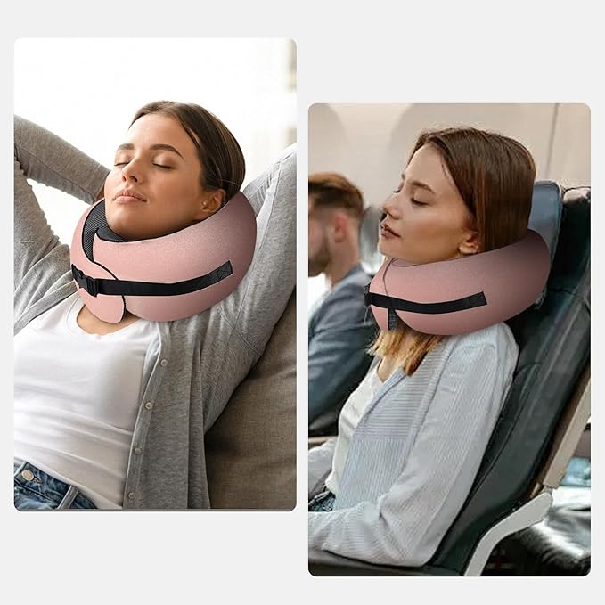 PORTHOLIC 2024 Upgraded Travel Neck Pillow with Buckle,100% Pure Memory Foam Travel Neck Pillow for Airplane Travel Flight Headrest Sleep, Portable Plane Accessories (Pink)