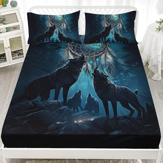 AILONEN Howling Wolf Fitted Sheet Set Full Size, 3 Pieces Teen Boys Bedding Set Safari Animal Themed Sheet Set,Dreamcatcher Bed Sheet Set Evening Forest Wolf Fitted Sheet with 2 Pillowcases