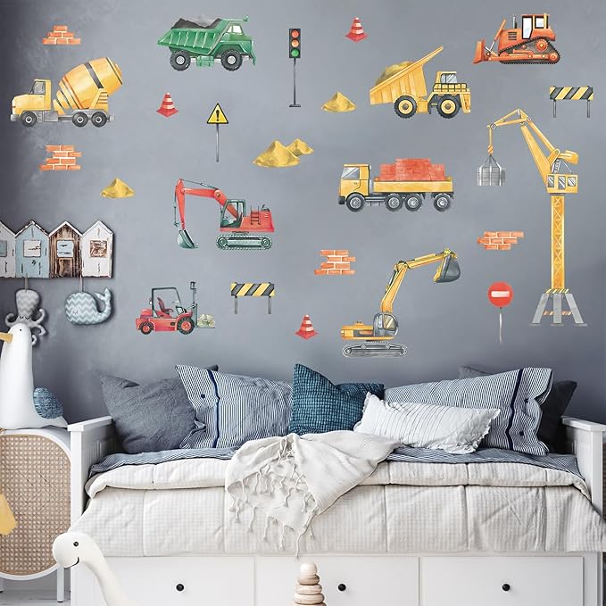 LHIUEM 30PCS Cars Wall Decals Watercolor Trucks Wall Stickers Engineering Vehicle Wall Decor for Kids Gifts Traffic Signal Construction Wall Decals for Boys Room Playroom Bedroom Classroom